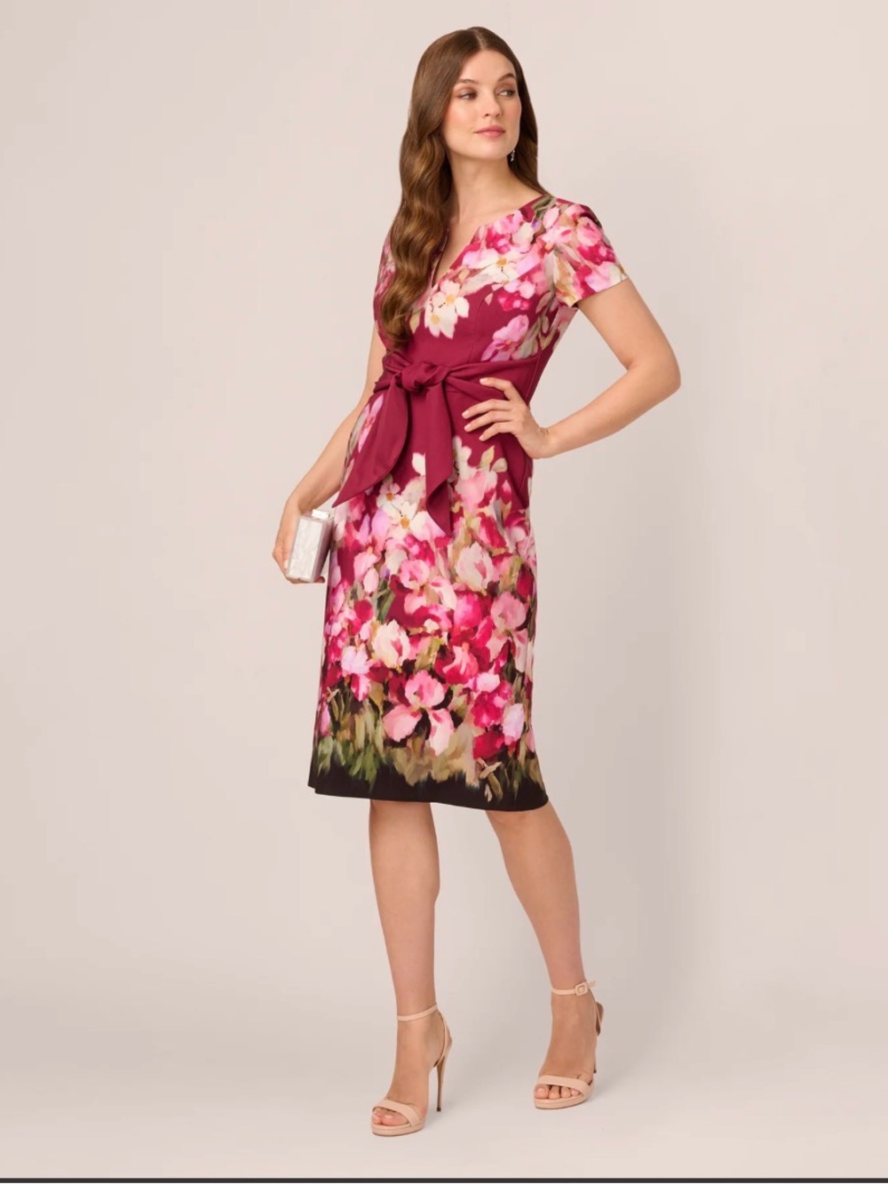 Adrianna Papell Berry Floral Tie-Waist Midi Dress